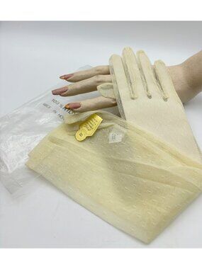 1950-60s Ivory Mesh Nylon Gloves One Size Original Package Hong Kong